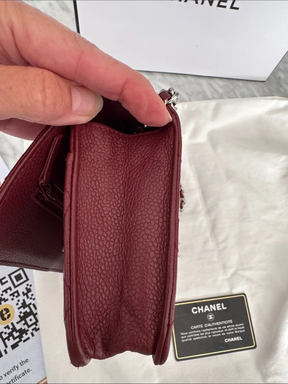 Chanel Burgundy Quilted Caviar Wallet on Chain. Burgundy. Pebbled leather.